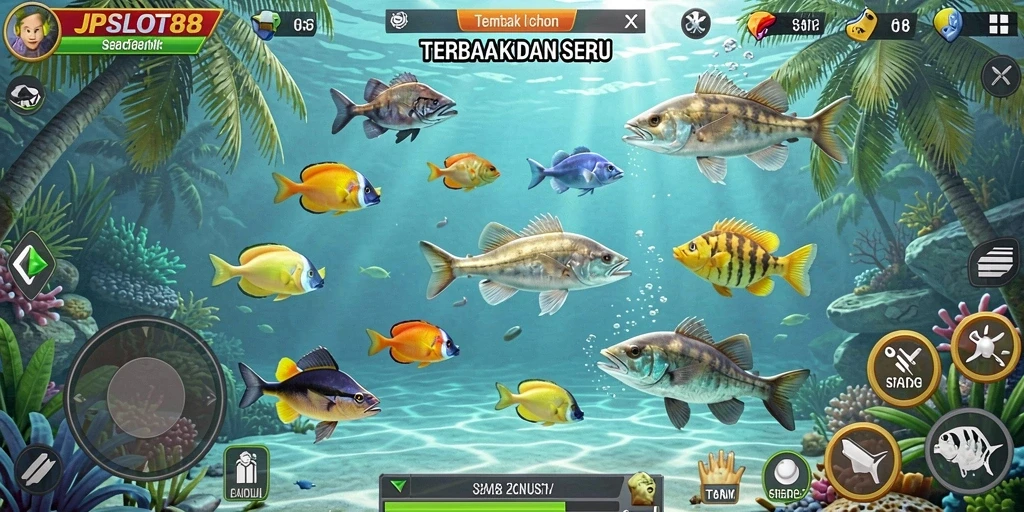 Screenshot gameplay JPSLOT88 menampilkan aksi seru menembak ikan.