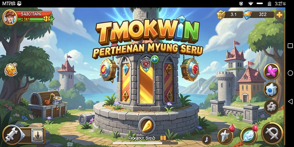 Tangkapan layar utama TMOKWIN menampilkan pertahanan menara dalam aksi.